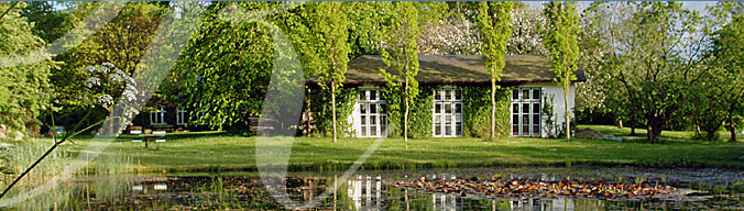 Blick über den Teich zum Gartenhaus